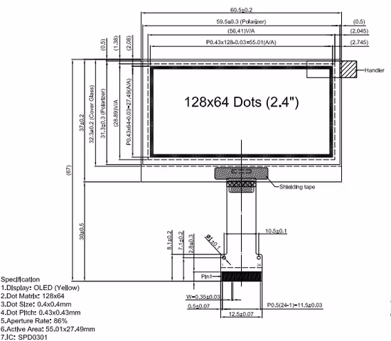 Mono 2.4′′ OLED Display with 128*64 Resolution for Smart Watch