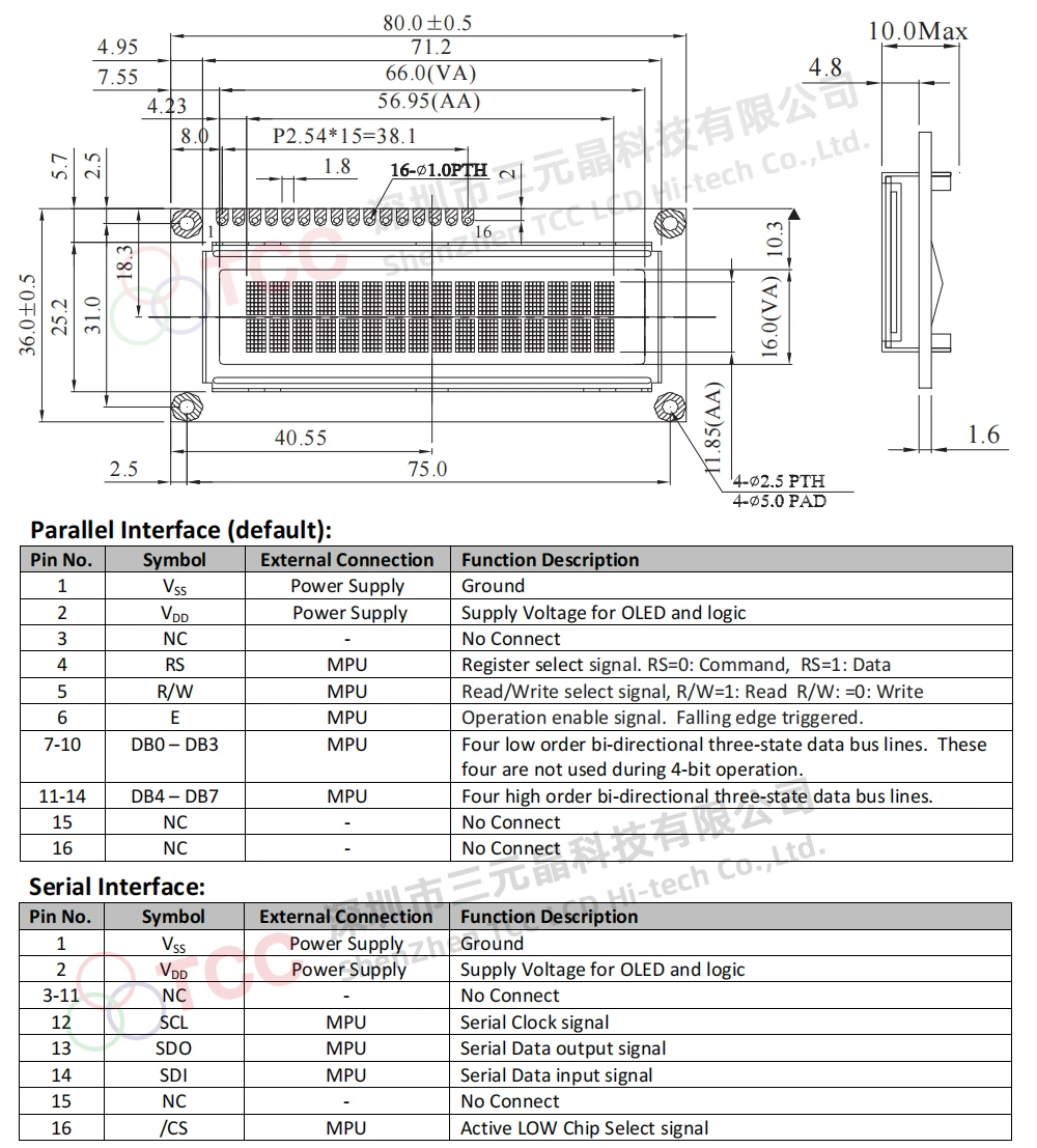 RoHS Square Winstar 1602 OLED Screen Parallel or Serial Mpu Interface 16X2 Character OLED Display